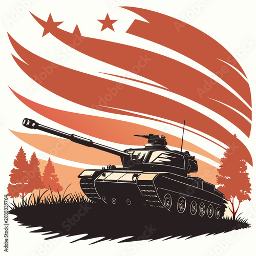 Bild auf Leinwand Military battle tank graphic with stars and sun background military patriotism