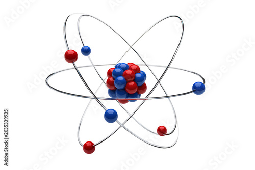 Isolated 3D render of an atom model with nucleus, electrons orbiting on rings, science concept