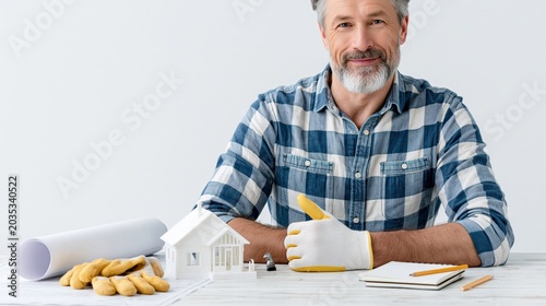 Bearded man giving thumbs up at model house worktable