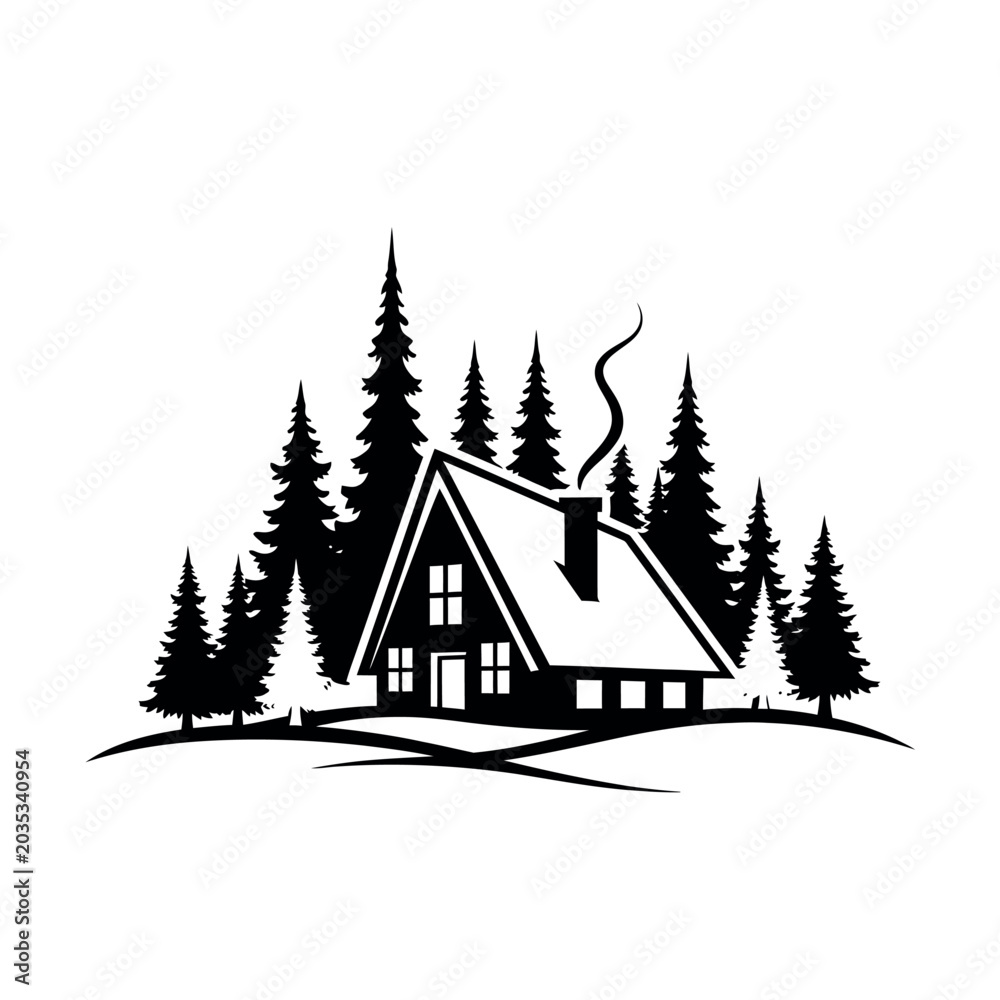 Obraz premium Cozy Cabin in Snowy Forest Silhouette.