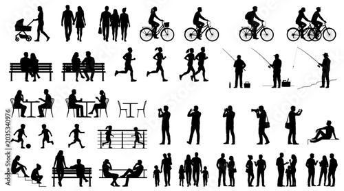 Urban Park People Activity Silhouette CAD Block Collection with Cyclists, Runners, Families, Bench Seating and Outdoor Leisure Figures
