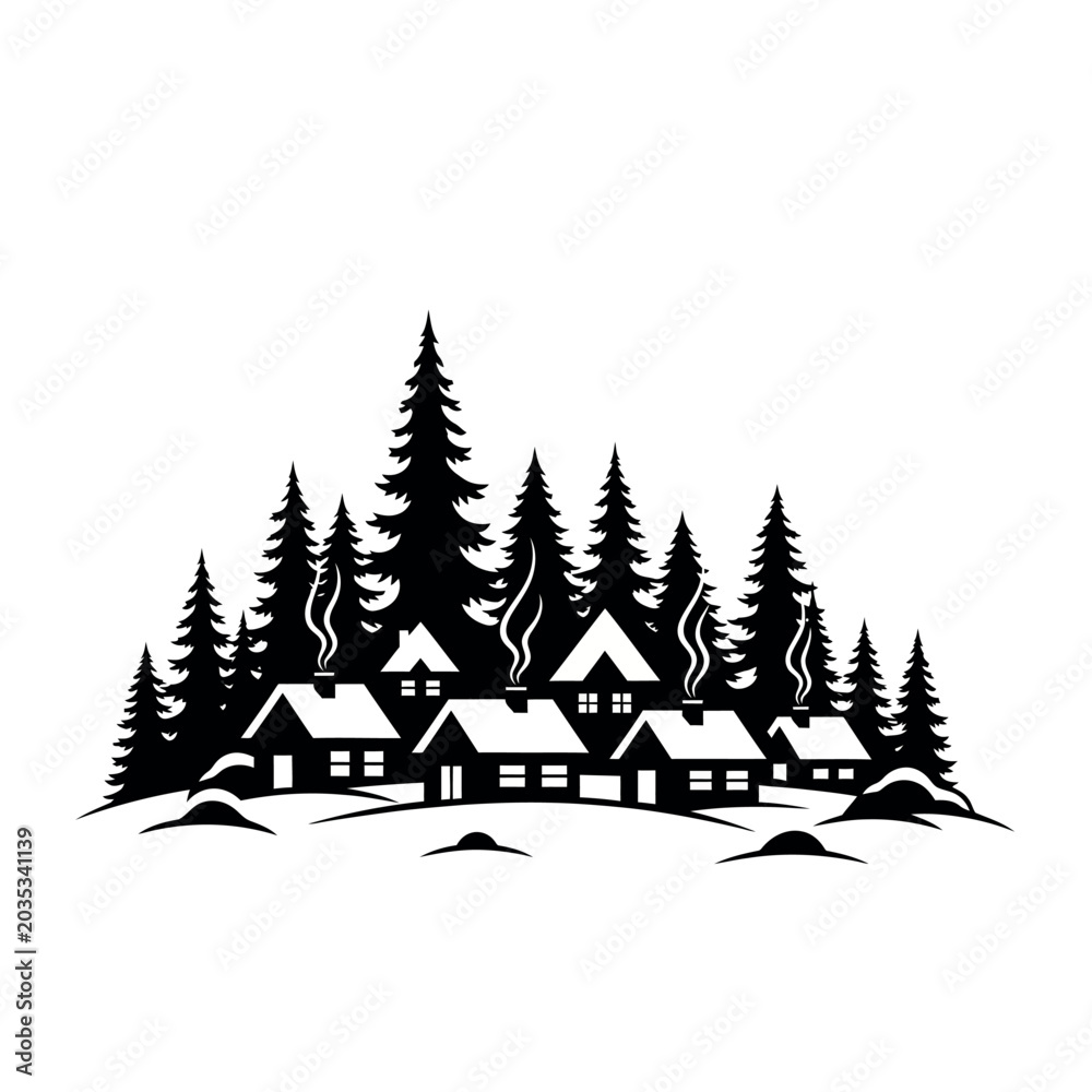 Obraz premium Cozy Winter Village Scene with SnowCovered Houses and Pine Trees.