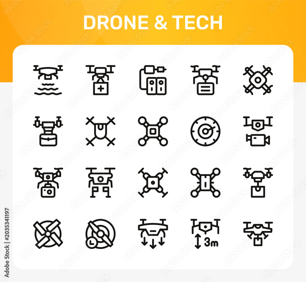 Fototapeta premium Drone and Tech icon set. Editable line icons. Professional and modern outline icon collection vector illustration highlighting futuristic gadgets and aerial devices in a simple design.