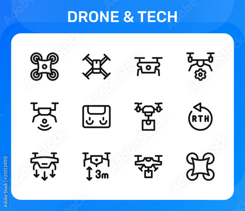 Drone and Tech icon set. Editable line icons. Professional and modern outline icon collection vector illustration highlighting aerial drones and digital devices in a simple design.