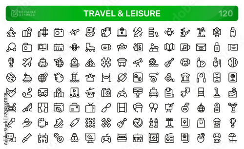 Travel and Leisure icon set. Editable line icons. Professional and modern outline icon pack vector illustration highlighting outdoor leisure and vacation escapes in a simple design.