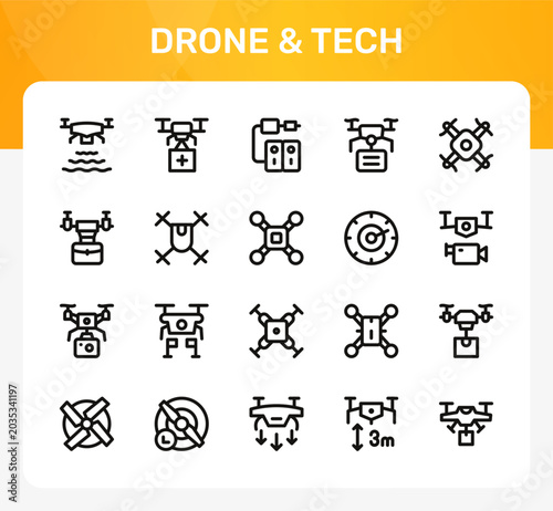 Drone and Tech icon set. Editable line icons. Professional and modern outline icon collection vector illustration highlighting futuristic gadgets and aerial devices in a simple design.