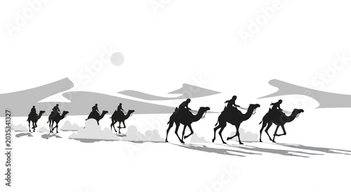 Bild auf Leinwand Camels walking in a desert line.