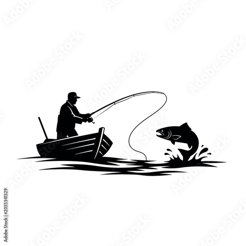Φωτογραφία Fisherman in a boat catches a jumping fish.