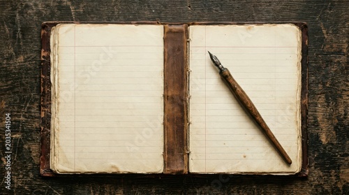 Antique open diary with vintage quill pen on dark wood table overhead flat lay