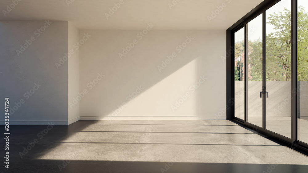 Fototapeta premium 3D render, illustration Large Luxury modern living room interior, brutalist architecture realistic lighting, Graphic Overlay wide angle, contemporary furniture, clean lines, minimalist decor, elegan