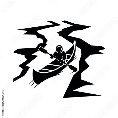 Schilderij op canvas Kayaker navigating a treacherous river with jagged rocks.