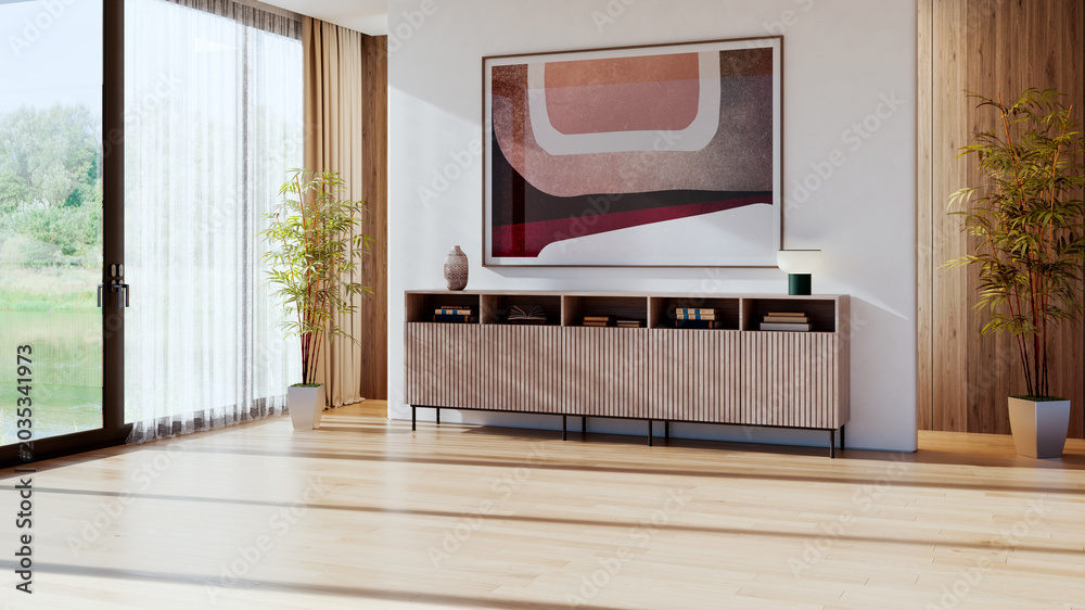 Fototapeta premium 3D render, illustration Large Luxury modern living room interior, brutalist architecture realistic lighting, Graphic Overlay wide angle, contemporary furniture, clean lines, minimalist decor, elegan