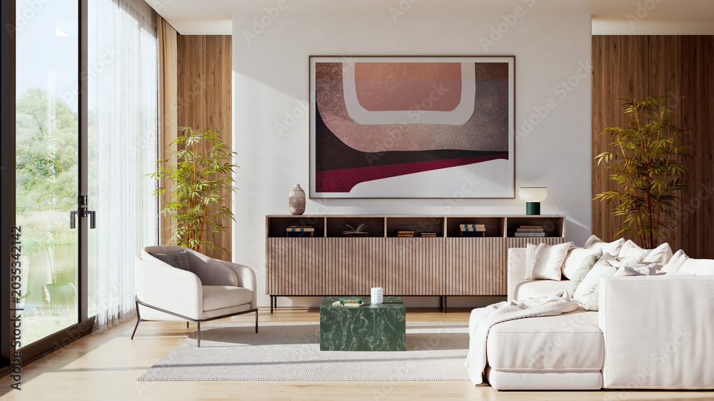 Fototapeta premium 3D render, illustration Large Luxury modern living room interior, brutalist architecture realistic lighting, Graphic Overlay wide angle, contemporary furniture, clean lines, minimalist decor, elegan