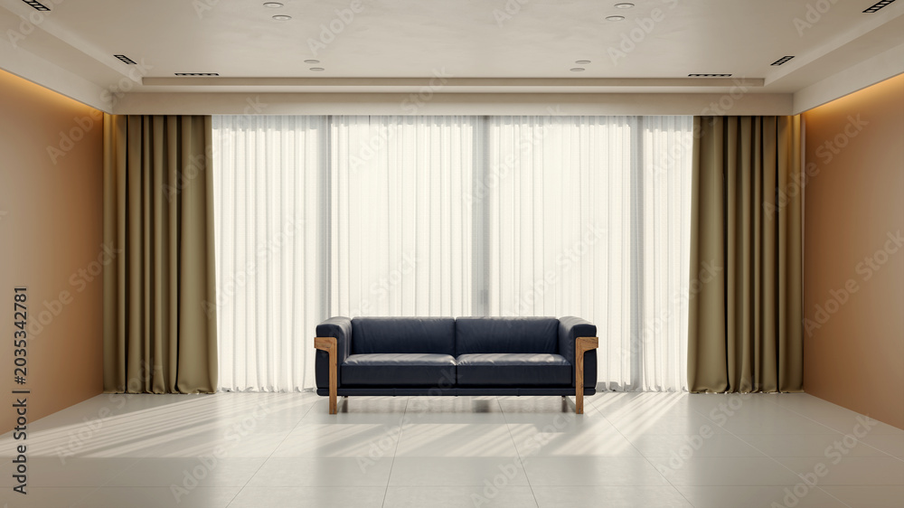 Fototapeta premium 3D render, illustration Large Luxury modern living room interior, brutalist architecture realistic lighting, Graphic Overlay wide angle, contemporary furniture, clean lines, minimalist decor, elegan