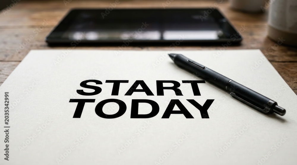 Obraz premium Motivational Message Start Today Written on Paper with Pen and Tablet.
