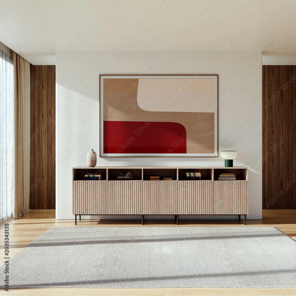 Fototapeta premium 3D render, illustration Large Luxury modern living room interior, brutalist architecture realistic lighting, Graphic Overlay wide angle, contemporary furniture, clean lines, minimalist decor, elegan