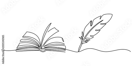 Foto Open Book with Feather Quill on Paper Surface