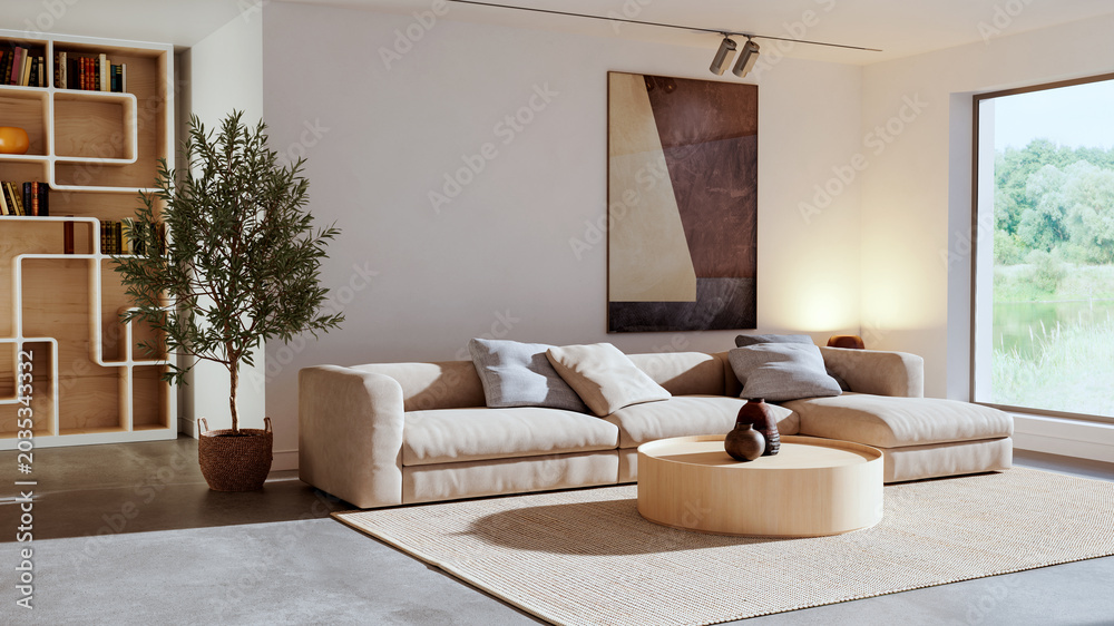 Fototapeta premium 3D render, illustration Large Luxury modern living room interior, brutalist architecture realistic lighting, Graphic Overlay wide angle, contemporary furniture, clean lines, minimalist decor, elegan