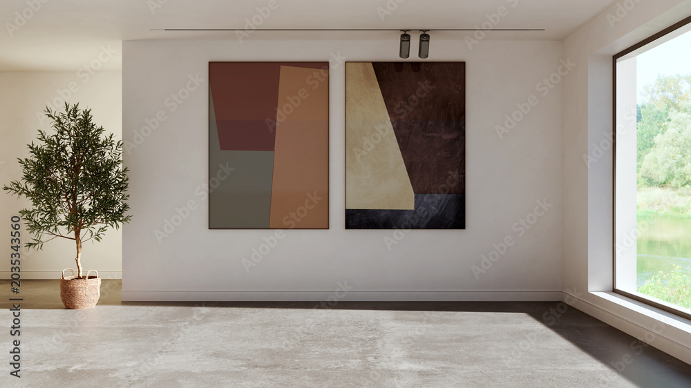 Fototapeta premium 3D render, illustration Large Luxury modern living room interior, brutalist architecture realistic lighting, Graphic Overlay wide angle, contemporary furniture, clean lines, minimalist decor, elegan