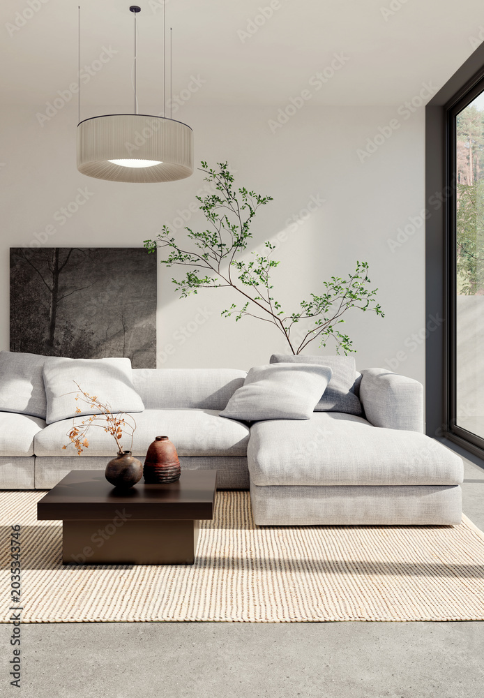 Fototapeta premium 3D render, illustration Large Luxury modern living room interior, brutalist architecture realistic lighting, Graphic Overlay wide angle, contemporary furniture, clean lines, minimalist decor, elegan