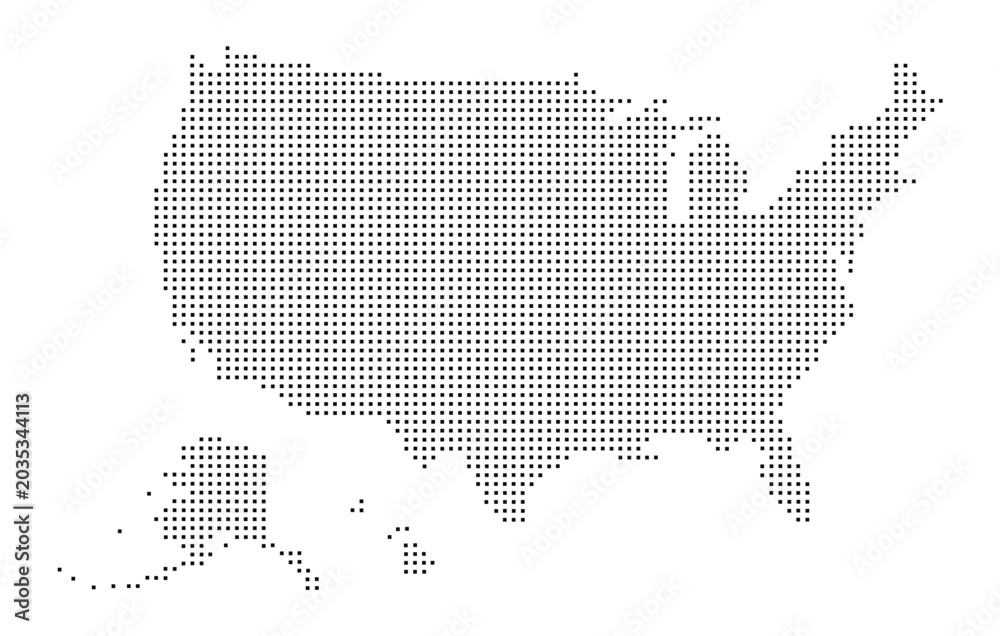 Fototapeta premium United States Map Made of Dots. A pixelated representation of the USA, comprised of numerous small grey dots. graphic element, digital art, nation outline, abstract map, information graphic.