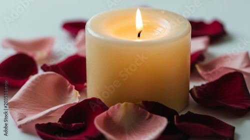 Scented candle surrounded by rose petals on white background  