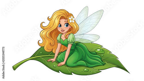 Fairy sitting on green leaf fantasy illustration magical creature nature