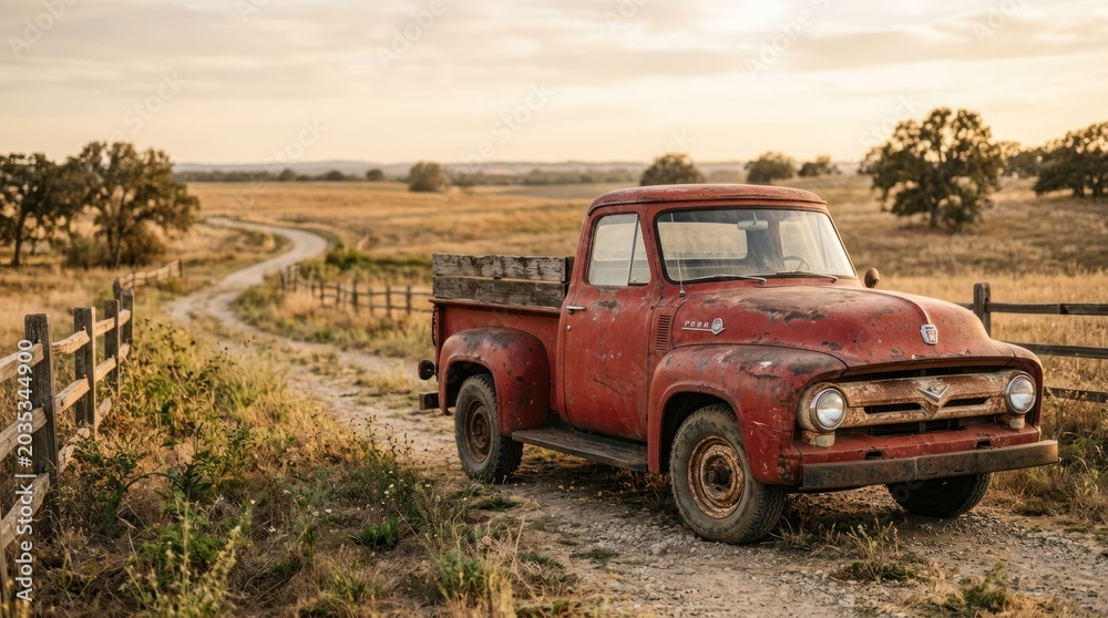 Fototapeta premium Vintage Red Pickup Truck on a Rural Dirt Road at Sunset.
