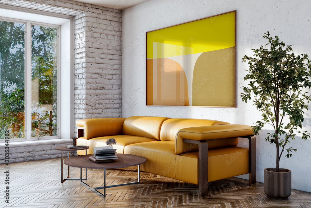 Fototapeta premium 3D render, illustration Large Luxury modern living room interior, brutalist architecture realistic lighting, Graphic Overlay wide angle, contemporary furniture, clean lines, minimalist decor, elegan