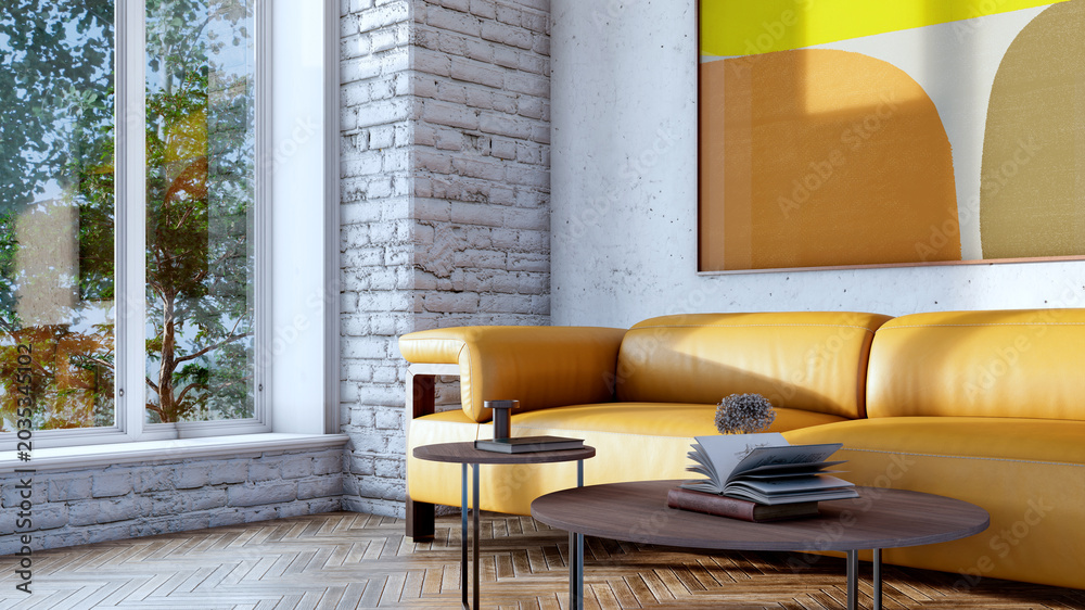Fototapeta premium 3D render, illustration Large Luxury modern living room interior, brutalist architecture realistic lighting, Graphic Overlay wide angle, contemporary furniture, clean lines, minimalist decor, elegan