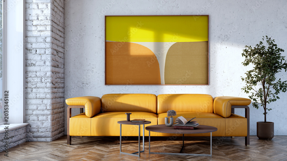 Fototapeta premium 3D render, illustration Large Luxury modern living room interior, brutalist architecture realistic lighting, Graphic Overlay wide angle, contemporary furniture, clean lines, minimalist decor, elegan