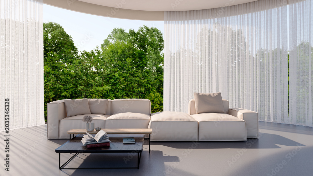 Fototapeta premium 3D render, illustration Large Luxury modern living room interior, brutalist architecture realistic lighting, Graphic Overlay wide angle, contemporary furniture, clean lines, minimalist decor, elegan