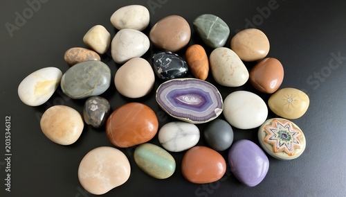 Collection of Smooth Polished Natural Stones and Agate Slice.