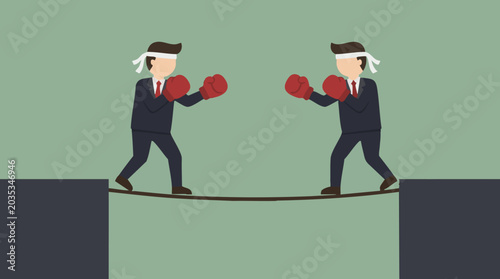 Photos Blindfolded Businessmen Boxing on a Tightrope in a Risky Conflict