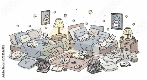 Foto Cluttered bedroom with messy beds and scattered belongings.