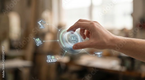 Physical AI Stack Control - A soft human hand gently guides AI autonomy along a controlled path, featuring a minimal, clean interface and advanced technology elements.