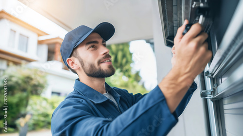 Technician inspecting and repairing garage door mechanism, offering professional home service and maintenance outdoors