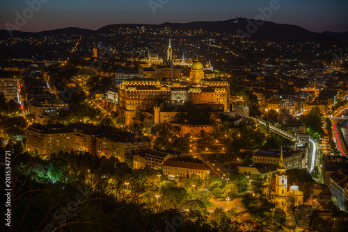 Bild auf Leinwand Buda Castle and Matthias Church illuminated at night, Budapest, Hungary