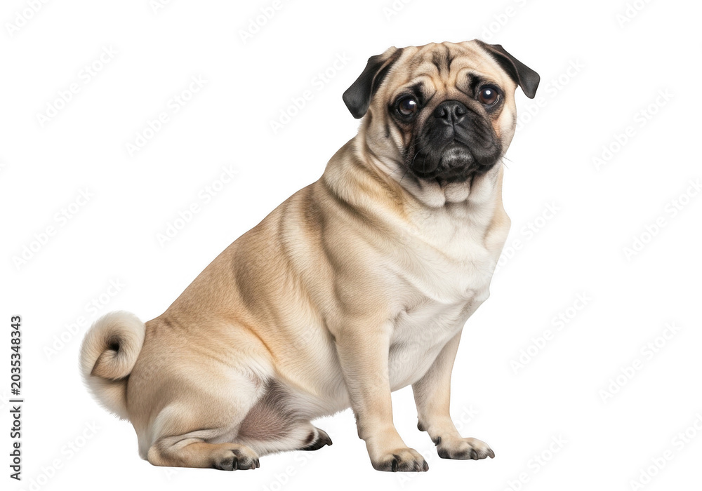 Obraz premium A fawn-colored pug dog sitting in profile, looking at the camera against a solid black background, with a curled, tail and wrinkled face