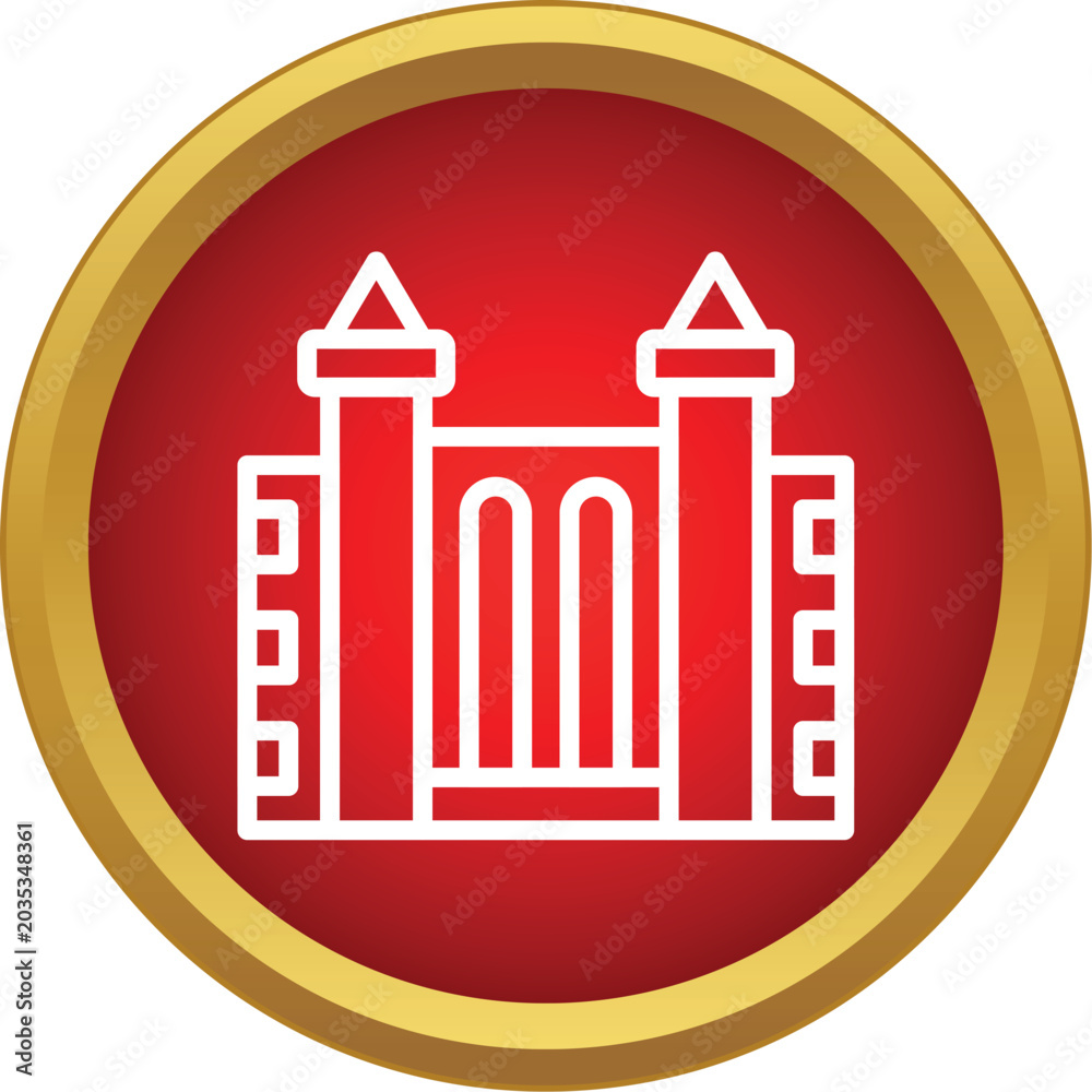 Obraz premium Stylized castle building icon in white outline on a red and gold circular button