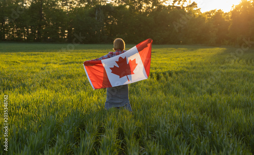 unrecognizable woman holding a large Canadian flag behind her while standing in a green wheat field against the backdrop of a sunset. Happy Canada Day Freedom, trust, pride
