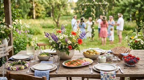 Garden Party Celebration with Food and Friends Outdoors
