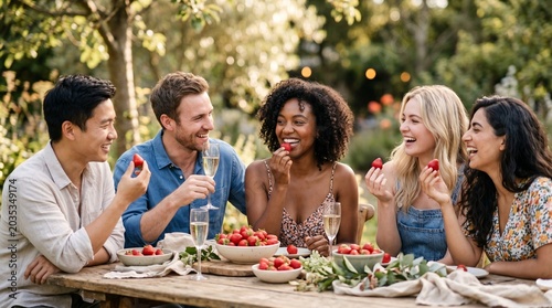 Friends enjoying strawberries and champagne outdoor garden party
