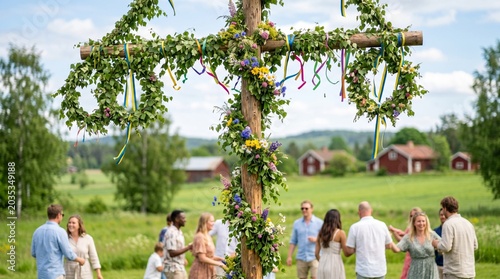 People Dancing Maypole Midsummer Celebration Sweden