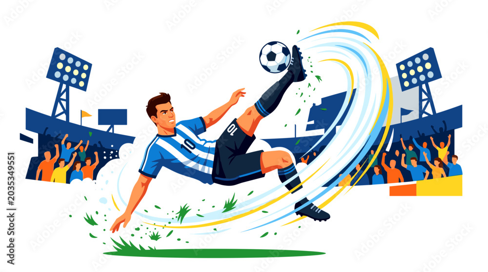 Fototapeta premium Vibrant illustration of a soccer player executing a spectacular overhead kick in a stadium, capturing the dynamic energy and thrilling excitement of a competitive football
