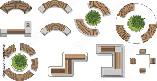 Set of outdoor park benches and seating arrangements in top view for landscape architecture and urban design projects