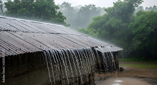 Heavy rain pouring off a metal roof in a rural setting