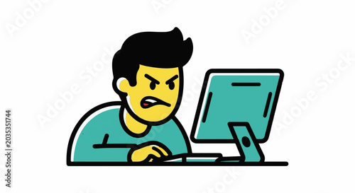 Frustrated man angrily using computer at desk.