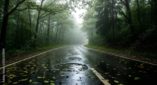 Rainy forest road with potholes and fallen leaves