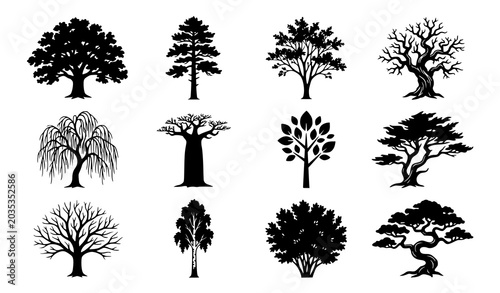 Photos Black Tree Silhouette Vector Set with Natural Forest Shapes Isolated on White